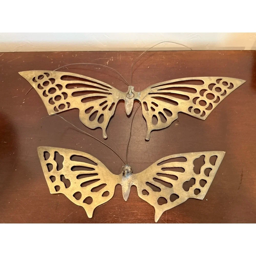 Lot Of 2 Vintage Brass Butterflies Wall Hanging Bendable antenna Garden Art